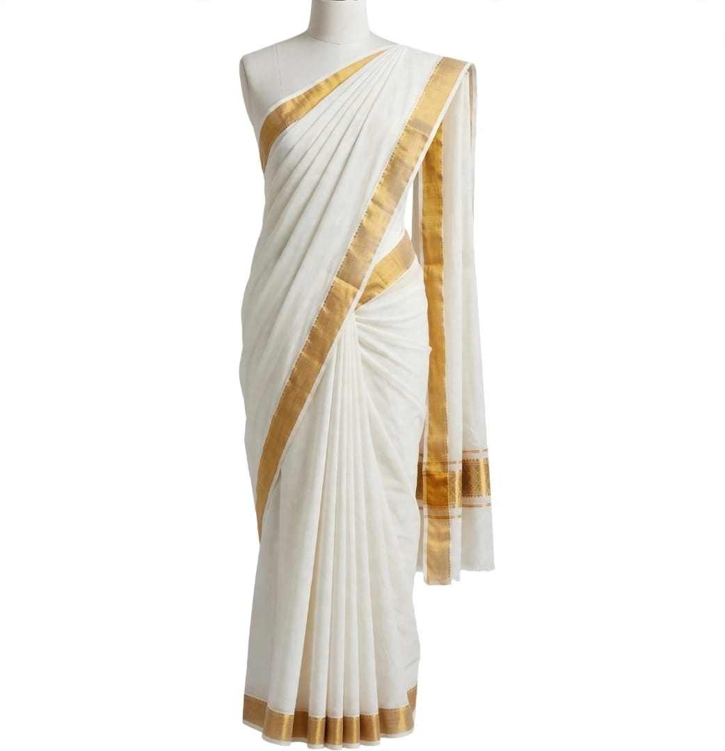Kerala Cotton Saree - White with Gold Border